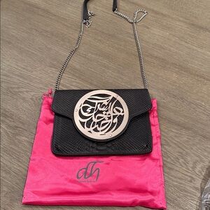 Dareen Hakim "Le Icon" black crocodile embossed patent leather clutch